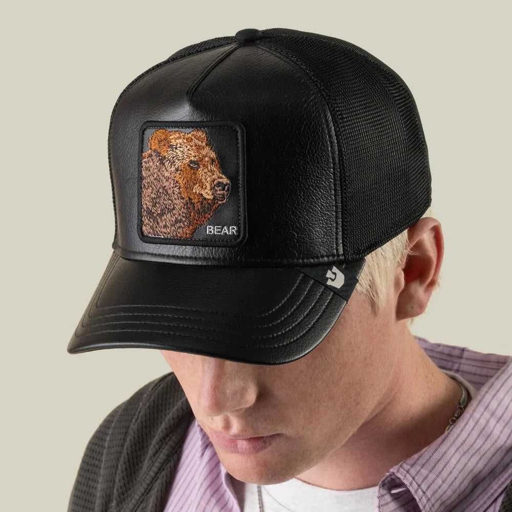 Faux Leather Bear Trucker Hat