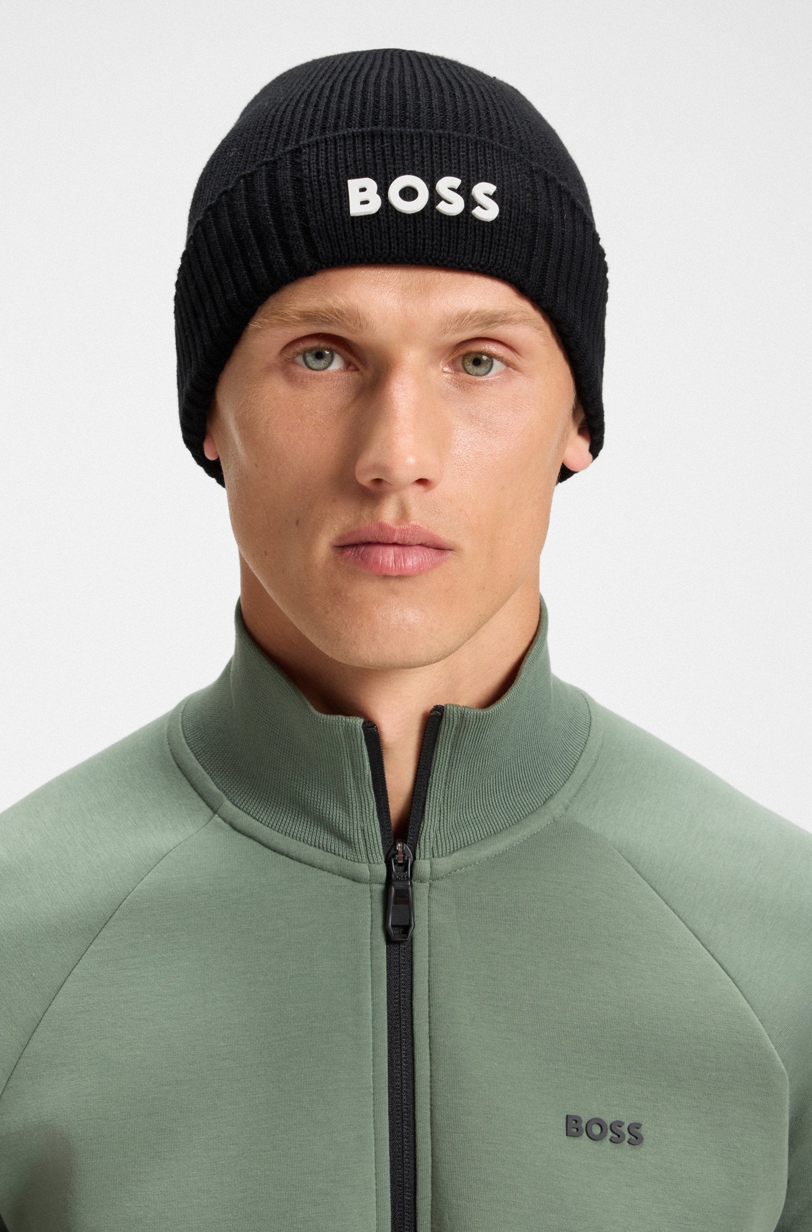 Logo Detail Beanie Hat in Cotton and Virgin Wool