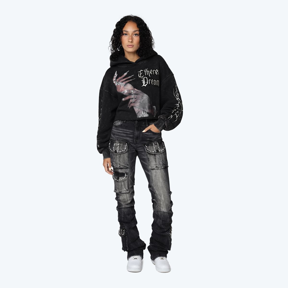 Women's High Rise Rhinestone Stacked Jeans Pant Smoke Rise - Tops and Bottoms USA
