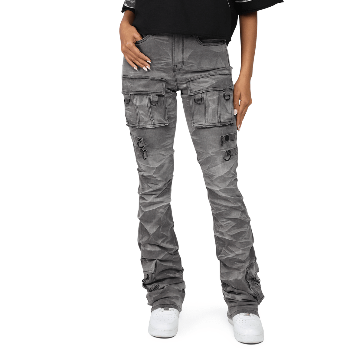 Women's High Rise Rhinestone Stacked Jeans Pant Smoke Rise - Tops and Bottoms USA