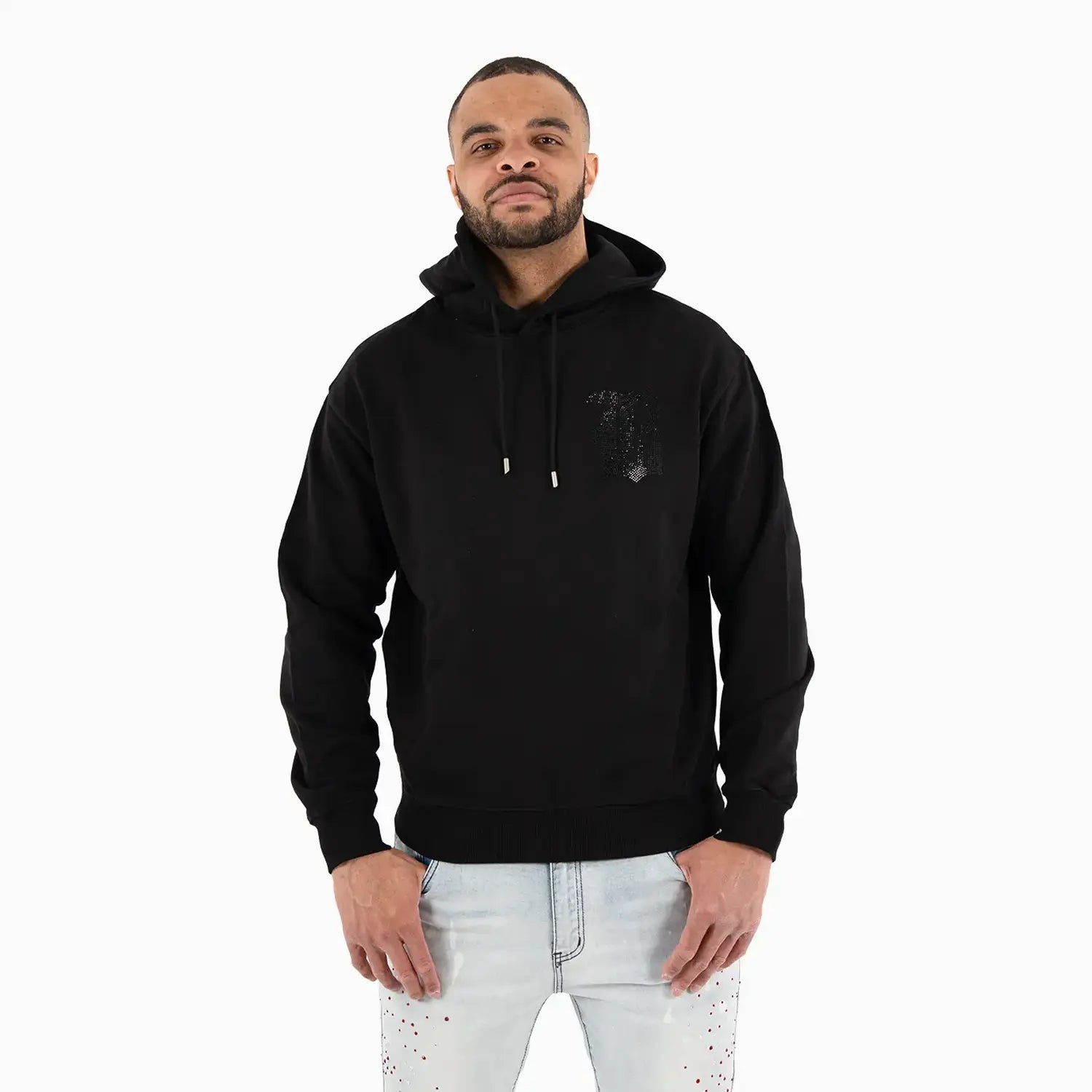 Men's B Logo Rhinestone Pull Over Hoodie Black Label - Tops and Bottoms USA