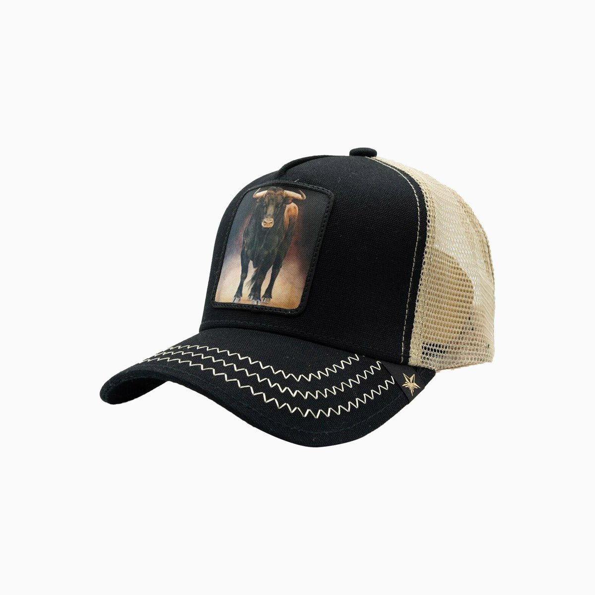 gold-star-hats-the-bull-black-beige-trucker-hat-gs1007-black