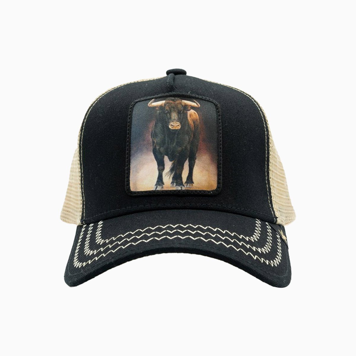 gold-star-hats-the-bull-black-beige-trucker-hat-gs1007-black