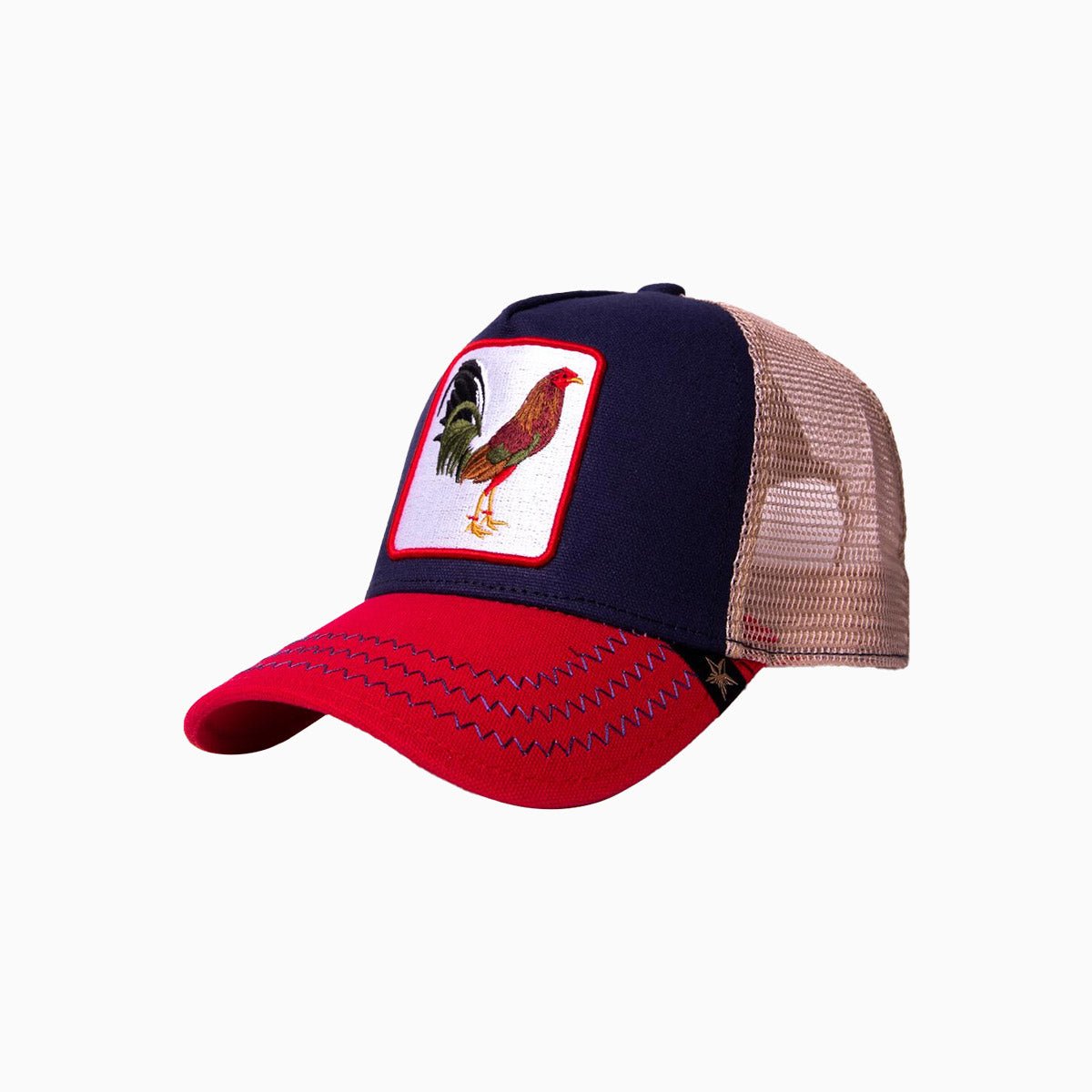 gold-star-hats-the-rooster-red-blue-beige-trucker-hat-gs1022-blue