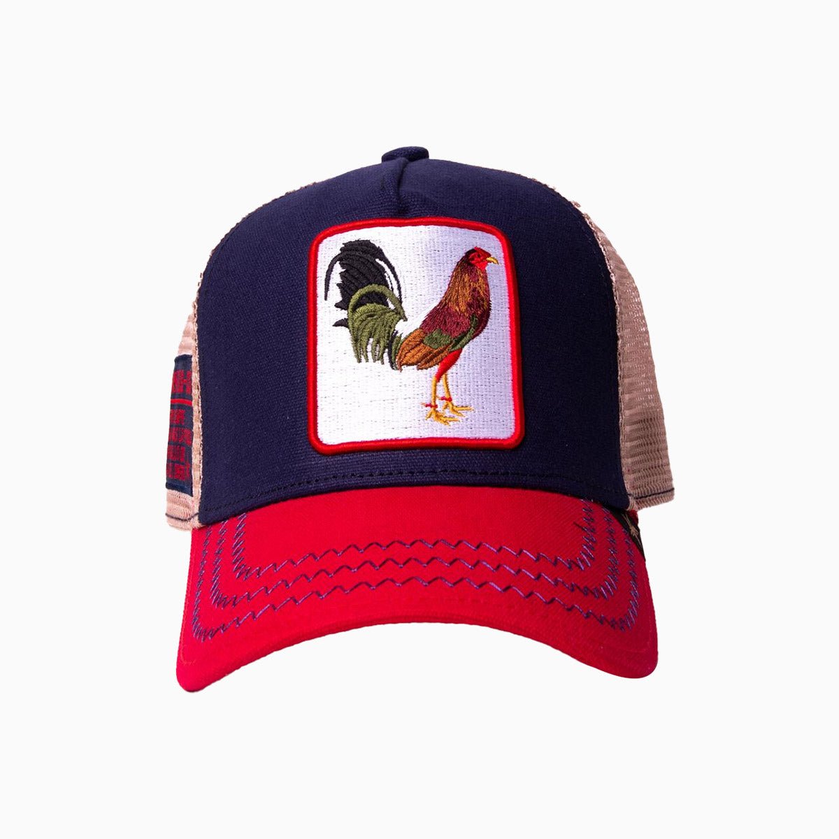 gold-star-hats-the-rooster-red-blue-beige-trucker-hat-gs1022-blue