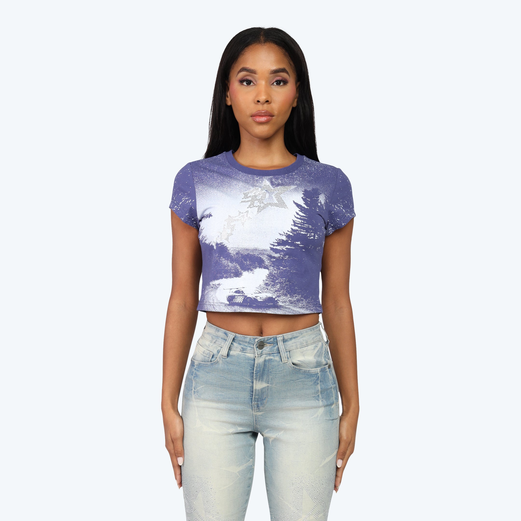 Women's Rhinestone Crop Top and Stack Jean Pant Outfit