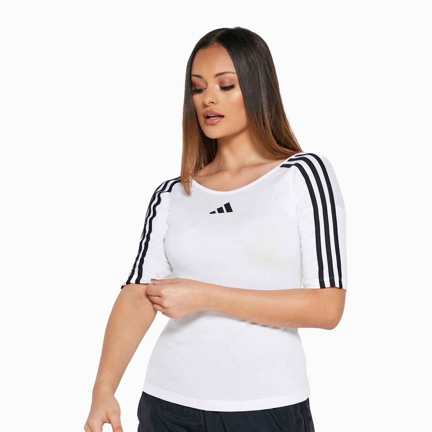 strapless open back dress adidas Women's Open Back 3-Stripes T Shirt, White / S