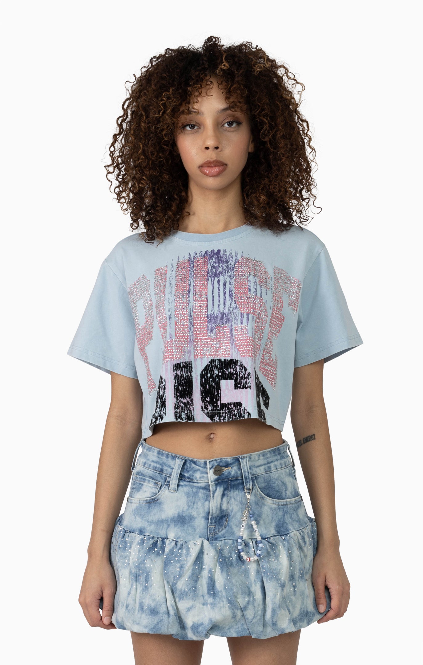 Women's Fitted Rhinestone Cropped T-Shirt and Skirt Outfit