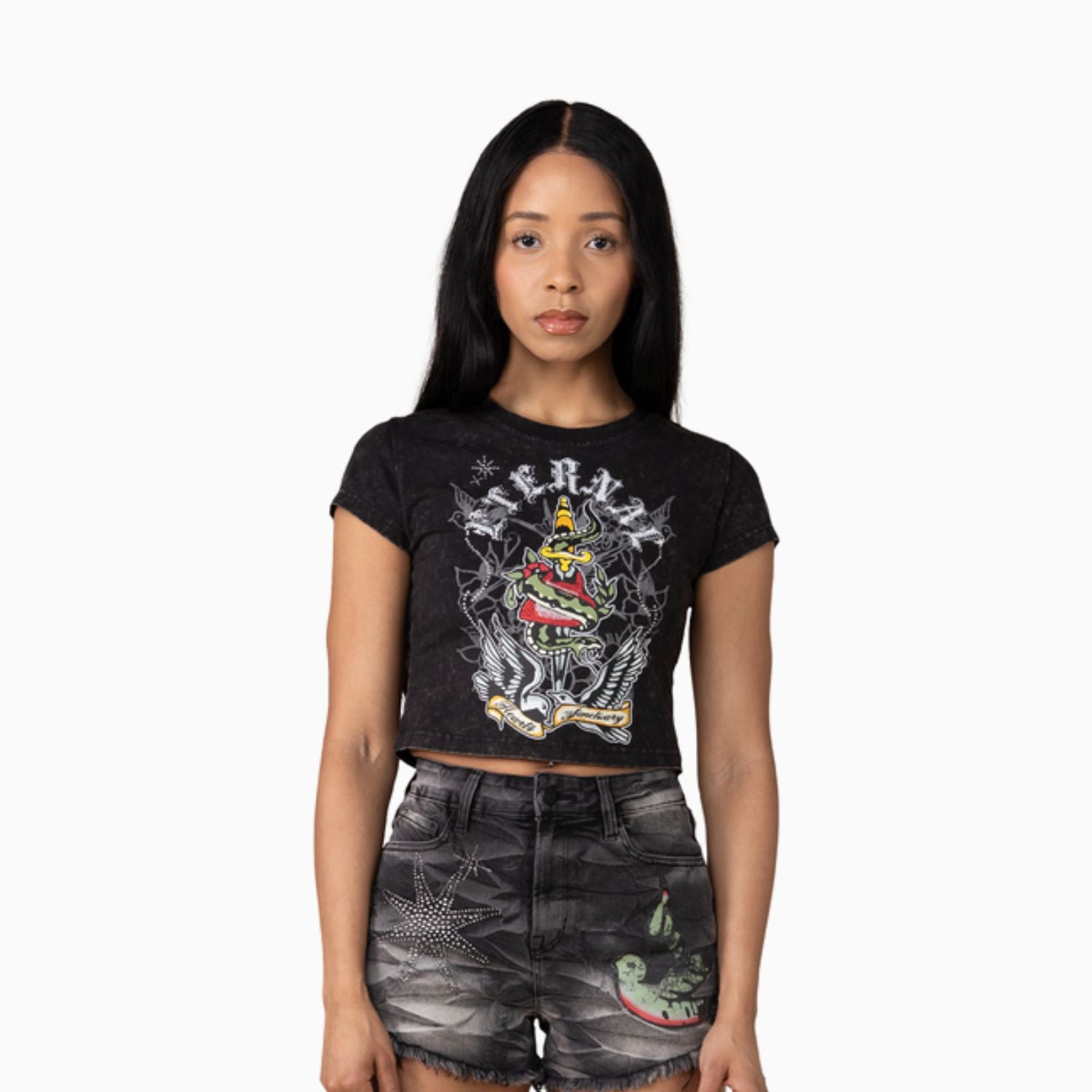 Women's Rhinestone Crop T-Shirt Smoke Rise - Tops and Bottoms USA