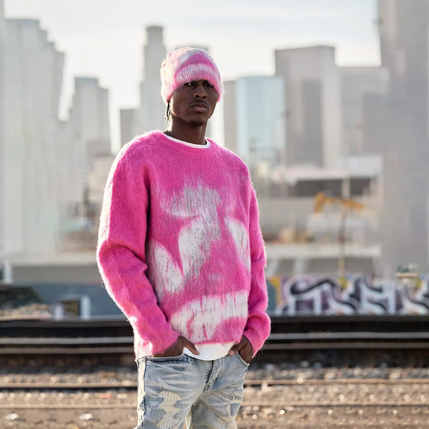 Men's Sad Days Fuchsia Crew Neck Sweater Valabasas - Tops and Bottoms USA