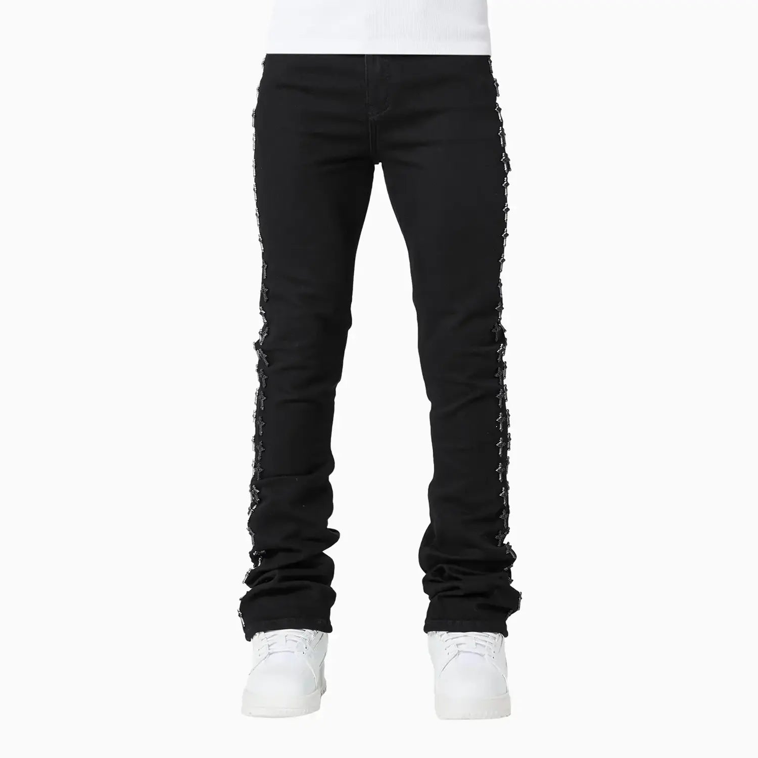 Guapi Men's All Black Crosses Embellished Denim Pant
