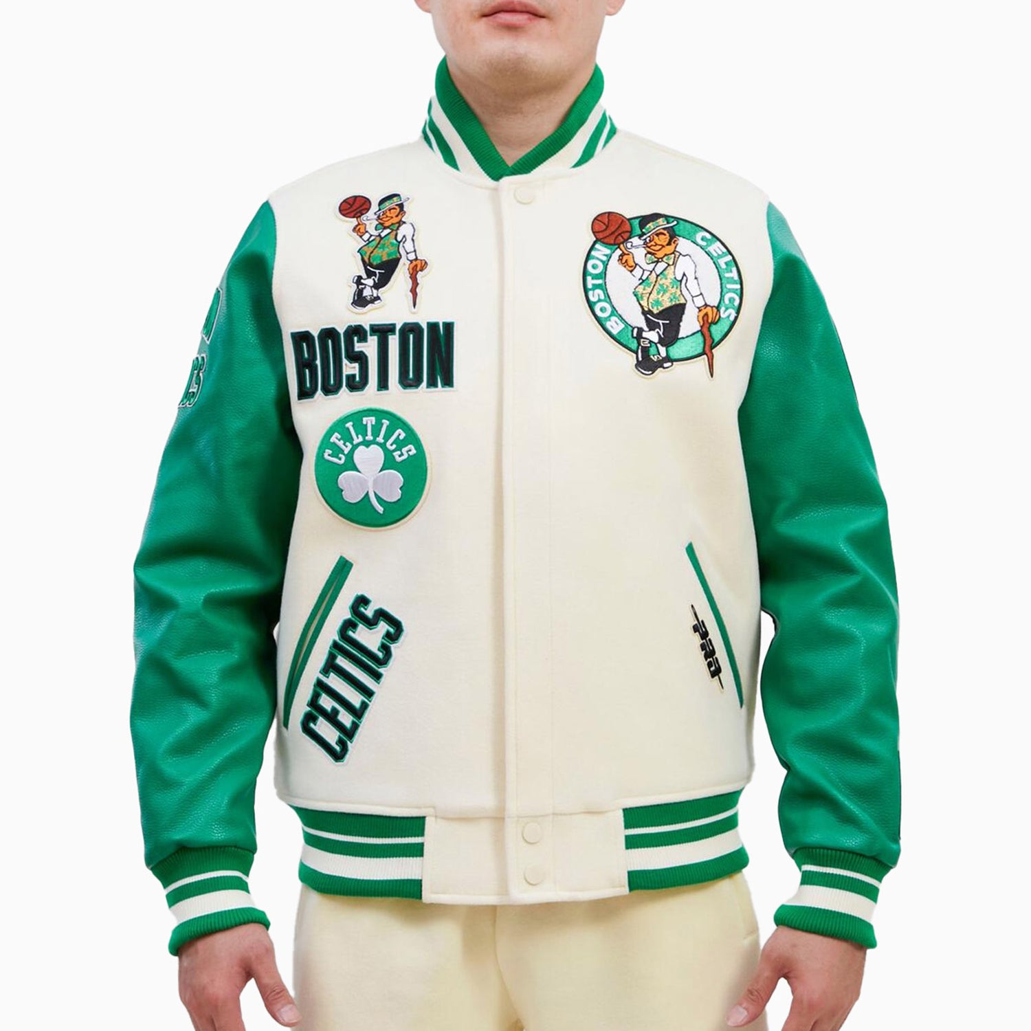 boston celtics fan gear Men's Pro Standard Cream Boston Celtics Retro Classic Varsity Full-Zip Jacket Size: Extra Large