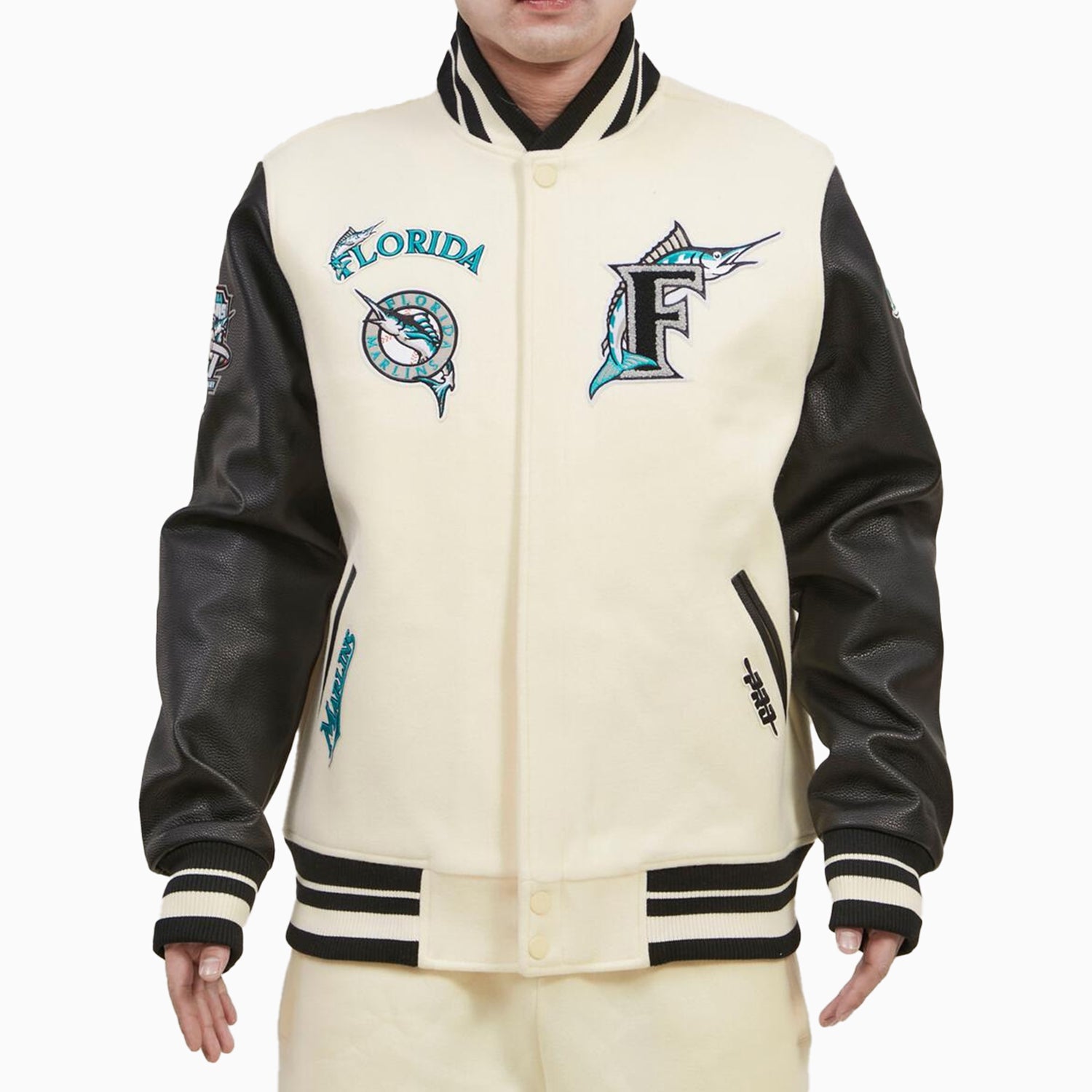 Pro Standard Men's Florida Marlins MLB Wool Varsity Jacket Egg Shell Black / M