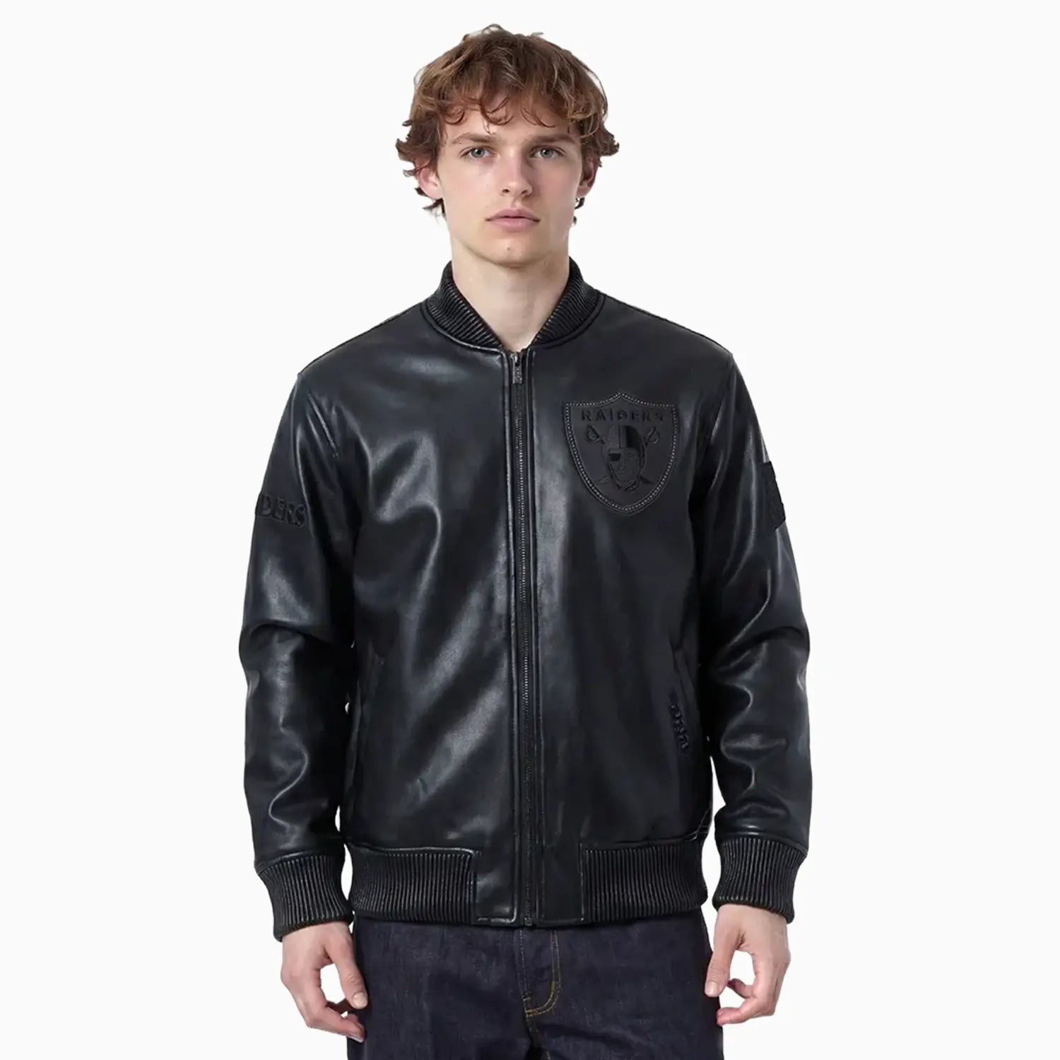 Men's Las Vegas Raiders Blackout Leather Varsity Jacket Pro Standard - Tops and Bottoms USA