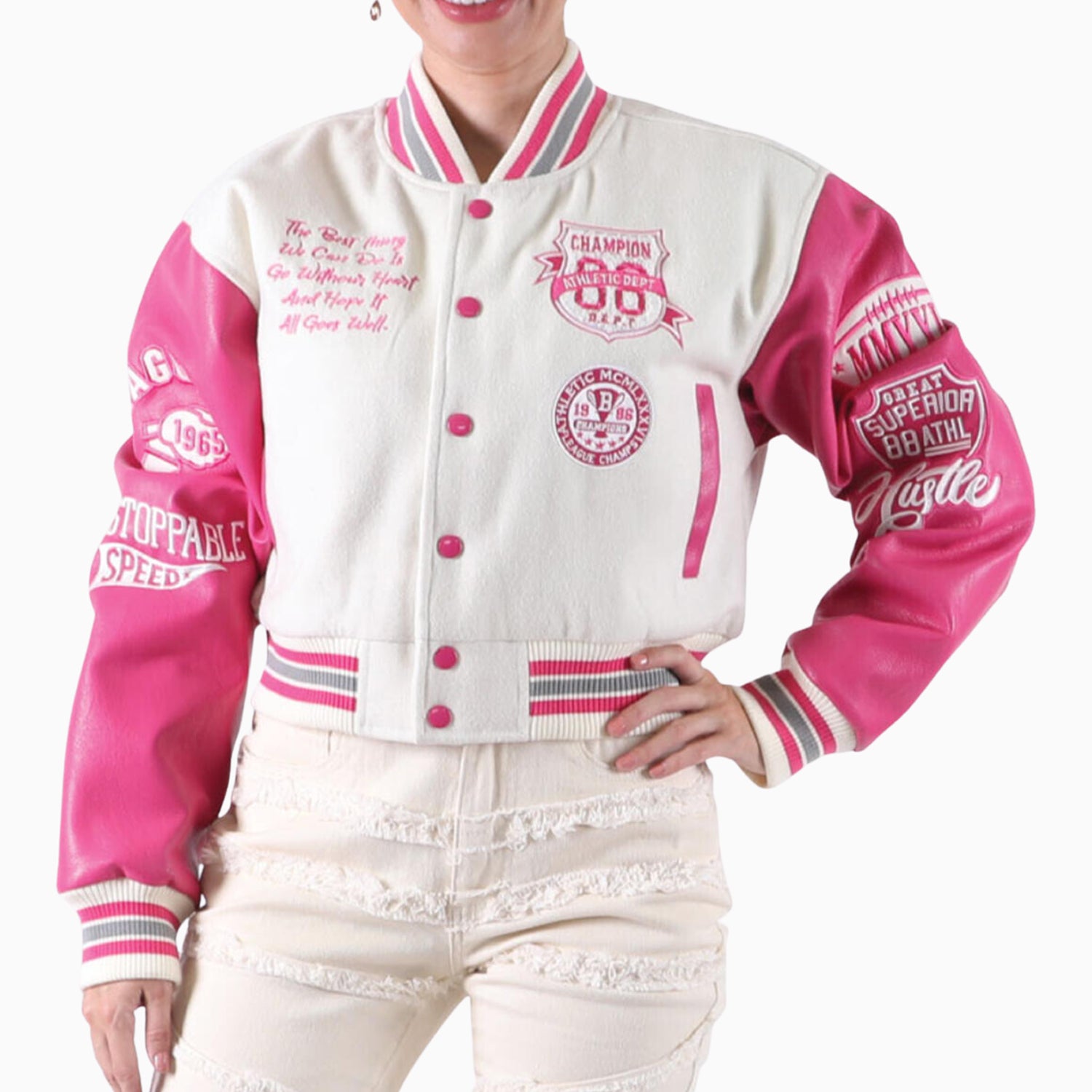cropped colorful varsity jacket