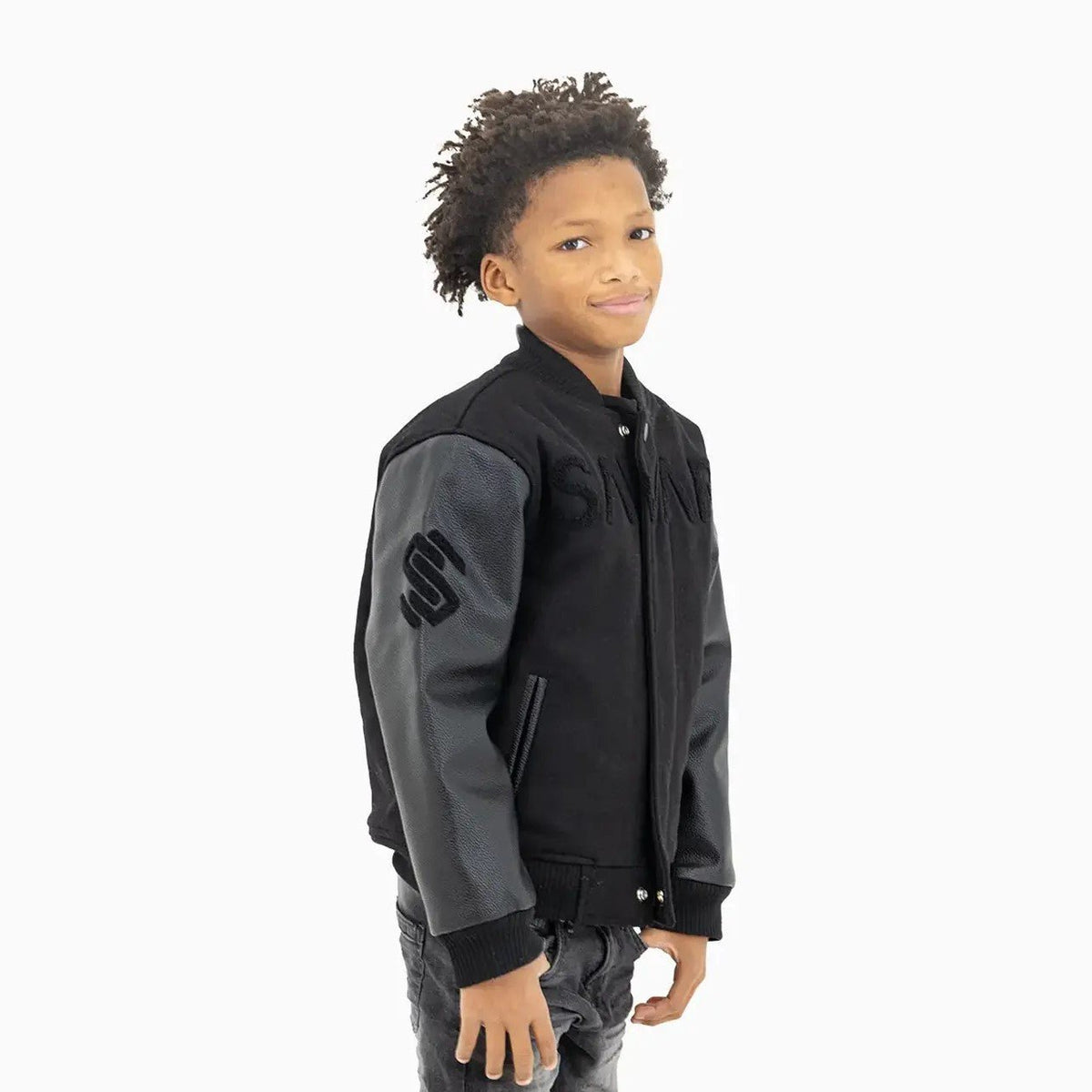 Kid's Black Cat Wool Varsity Jacket Savar - Tops and Bottoms USA