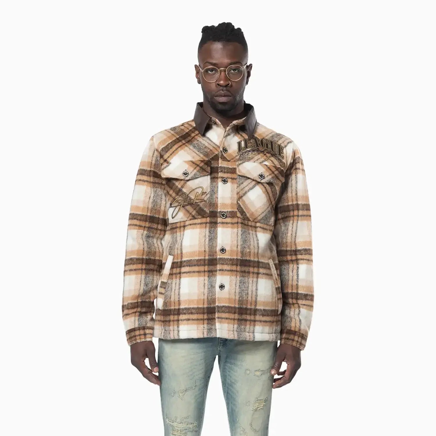 smoke-rise-mens-vegan-leather-collar-plaid-shacket-shirt-oh24687-maple