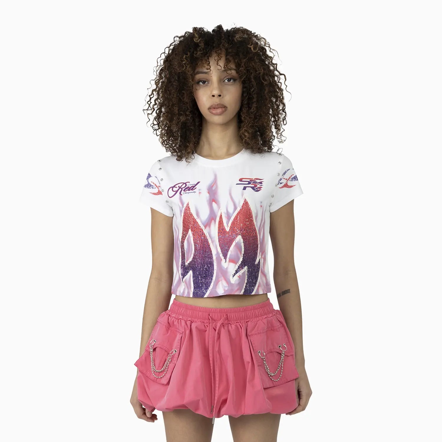 Women's Fitted Rhinestone Cropped T-Shirt and Skirt Outfit Smoke Rise - Tops and Bottoms USA