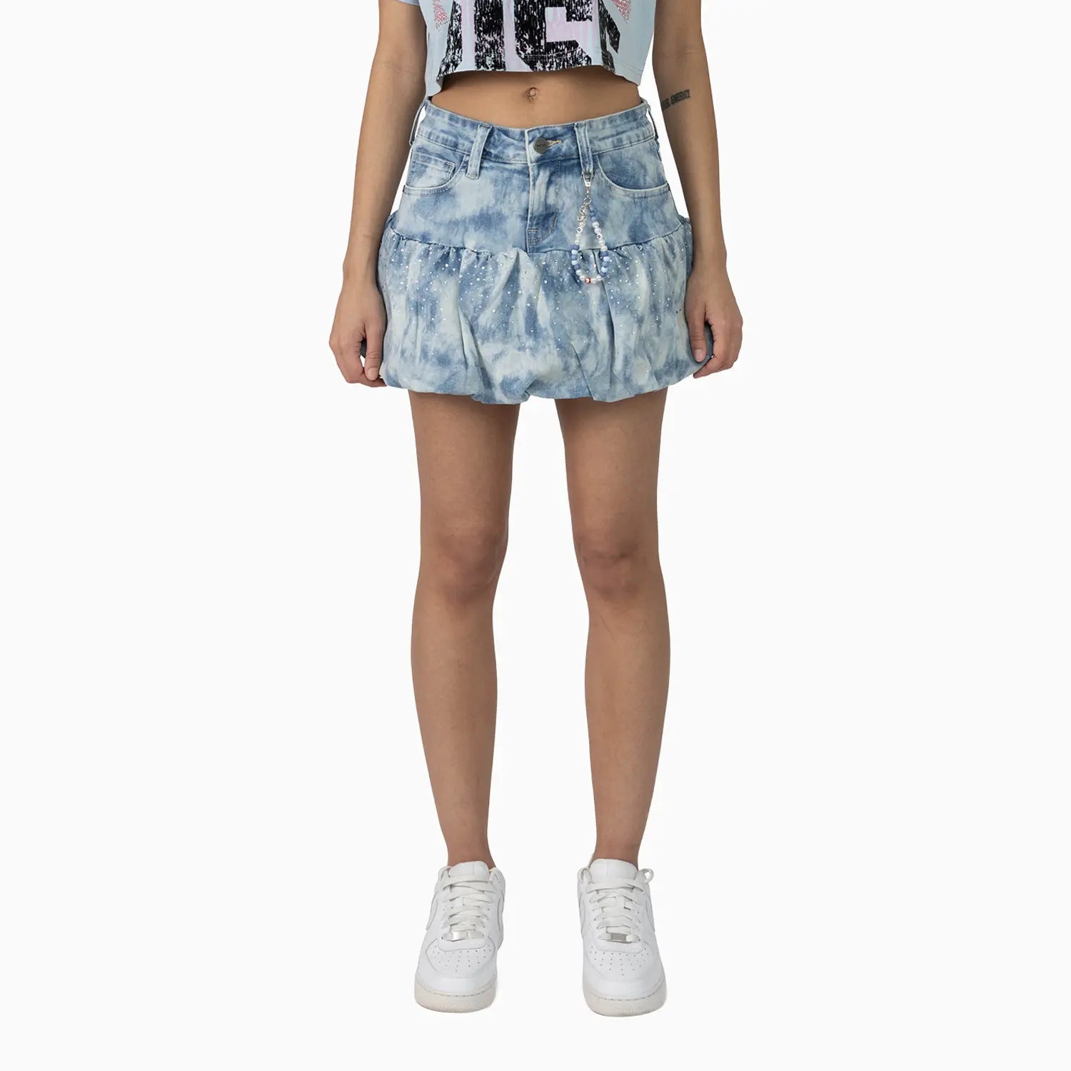 Women's Fitted Rhinestone Cropped T-Shirt and Skirt Outfit Smoke Rise - Tops and Bottoms USA