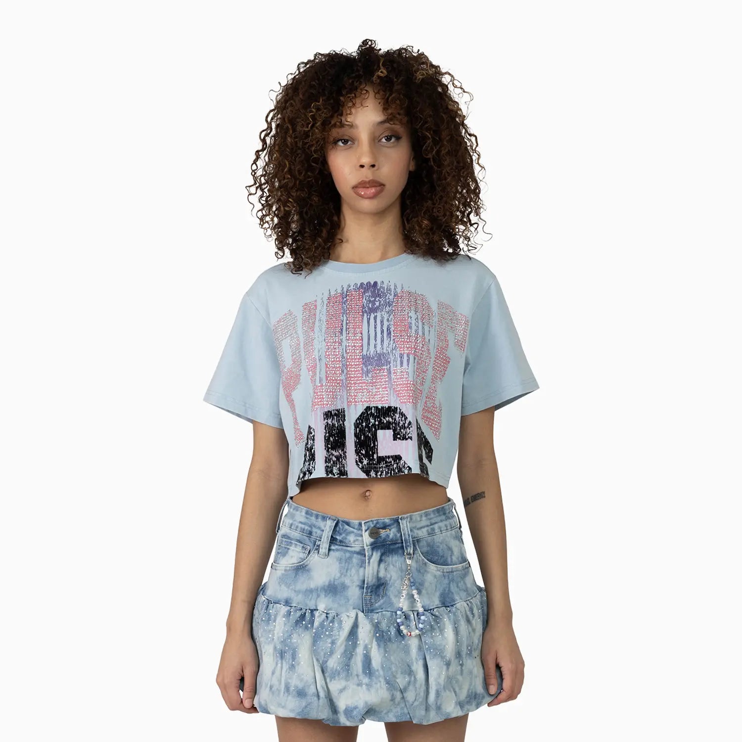 Women's Fitted Rhinestone Cropped T-Shirt and Skirt Outfit Smoke Rise - Tops and Bottoms USA