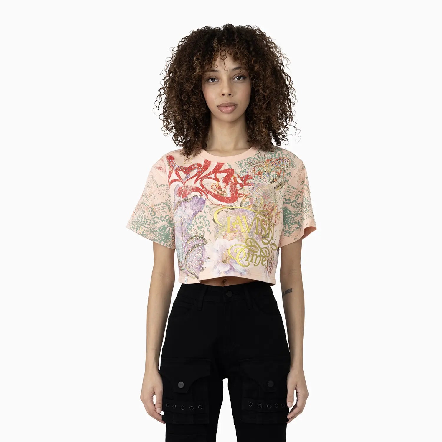 Women's Graphic Print Crop Top and Flared Cargo Pant Outfit