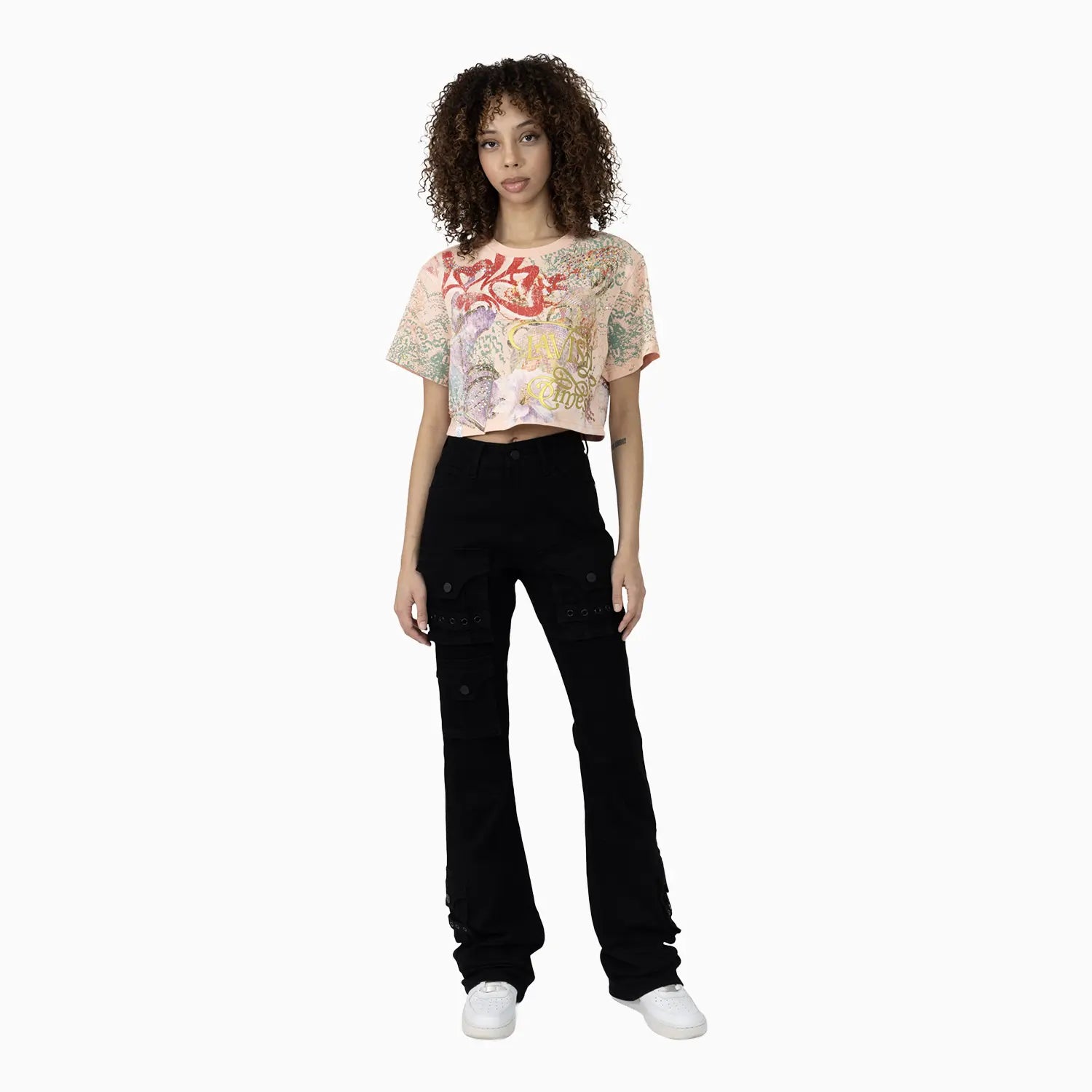 Women's Graphic Print Crop Top and Flared Cargo Pant Outfit