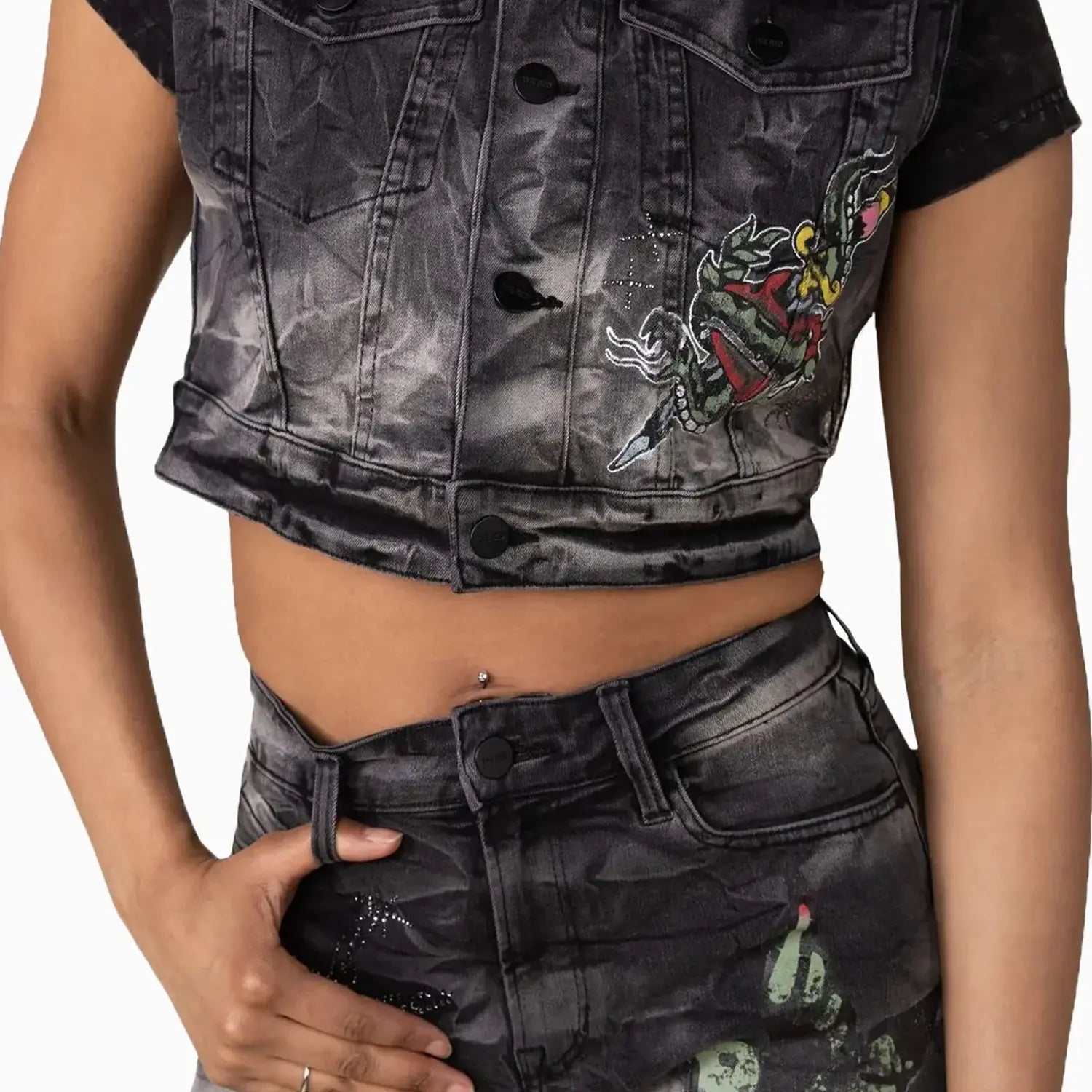 Women's Graphic Trucker Denim Outfit Smoke Rise - Tops and Bottoms USA