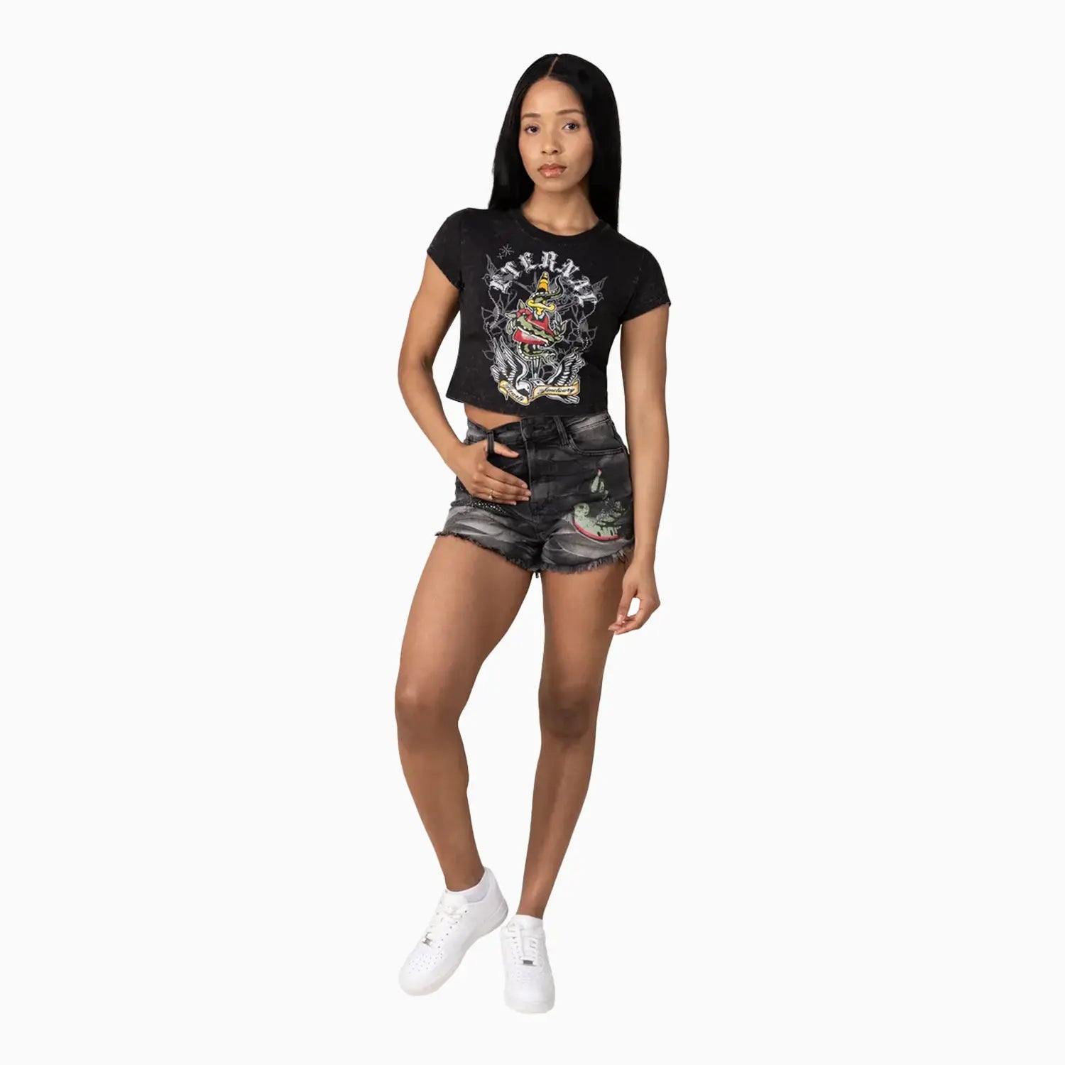 Women's Rhinestone Crop T-Shirt Smoke Rise - Tops and Bottoms USA