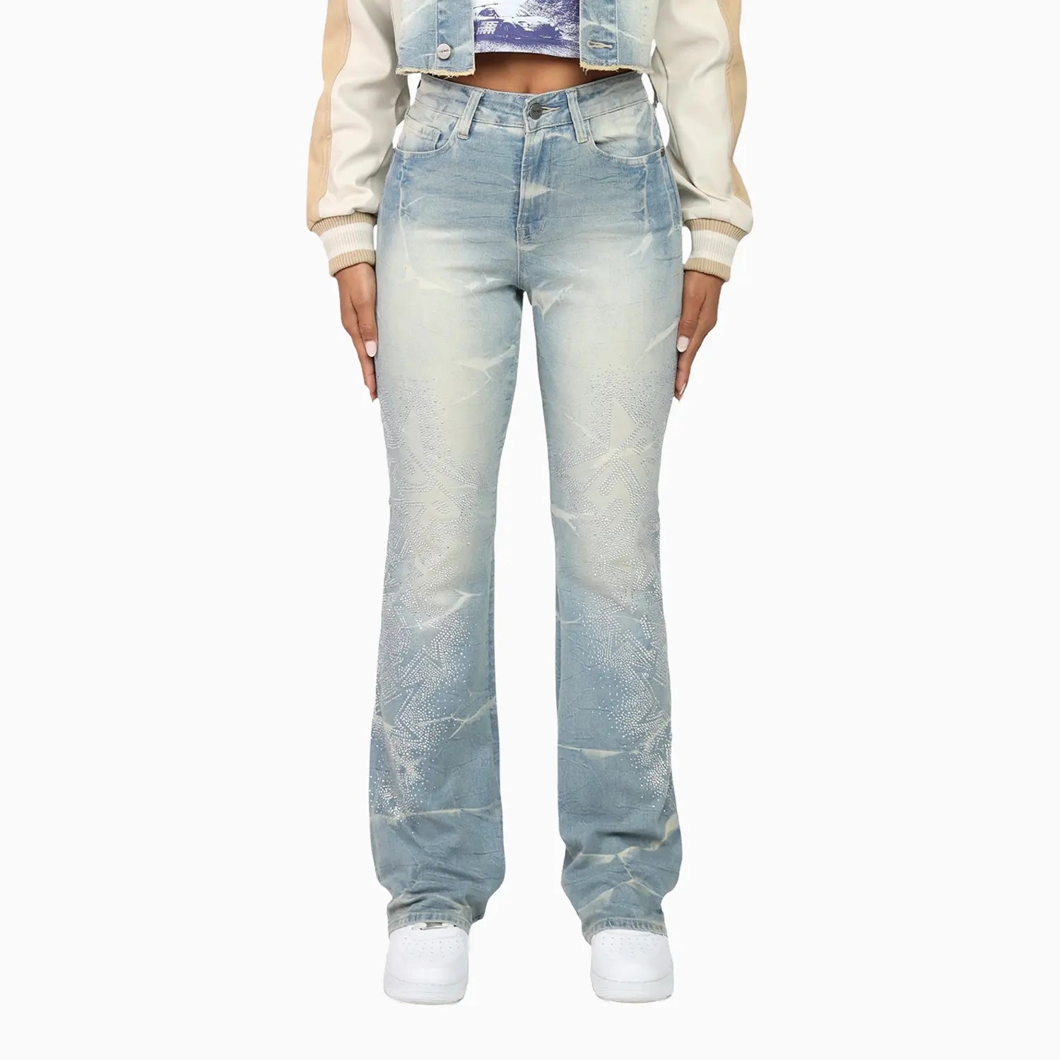 Women's Rhinestone Crop Top and Stack Jean Pant Outfit Smoke Rise - Tops and Bottoms USA