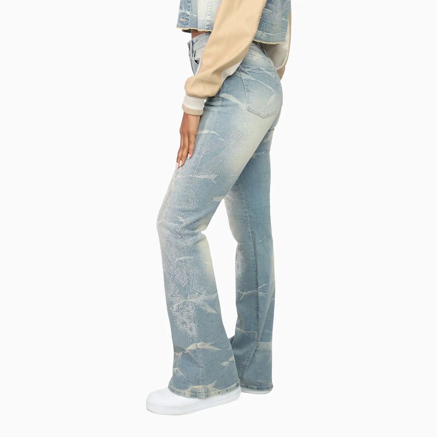 Women's Rhinestone Crop Top and Stack Jean Pant Outfit Smoke Rise - Tops and Bottoms USA