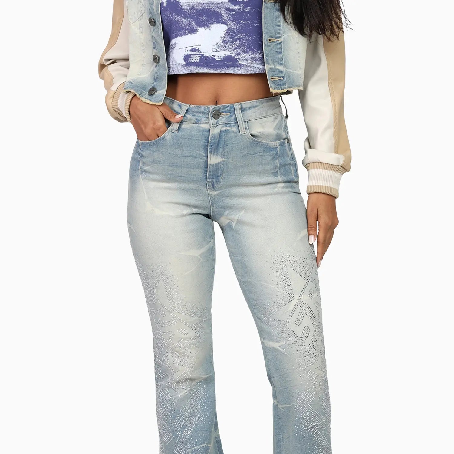 Women's Rhinestone Crop Top and Stack Jean Pant Outfit Smoke Rise - Tops and Bottoms USA