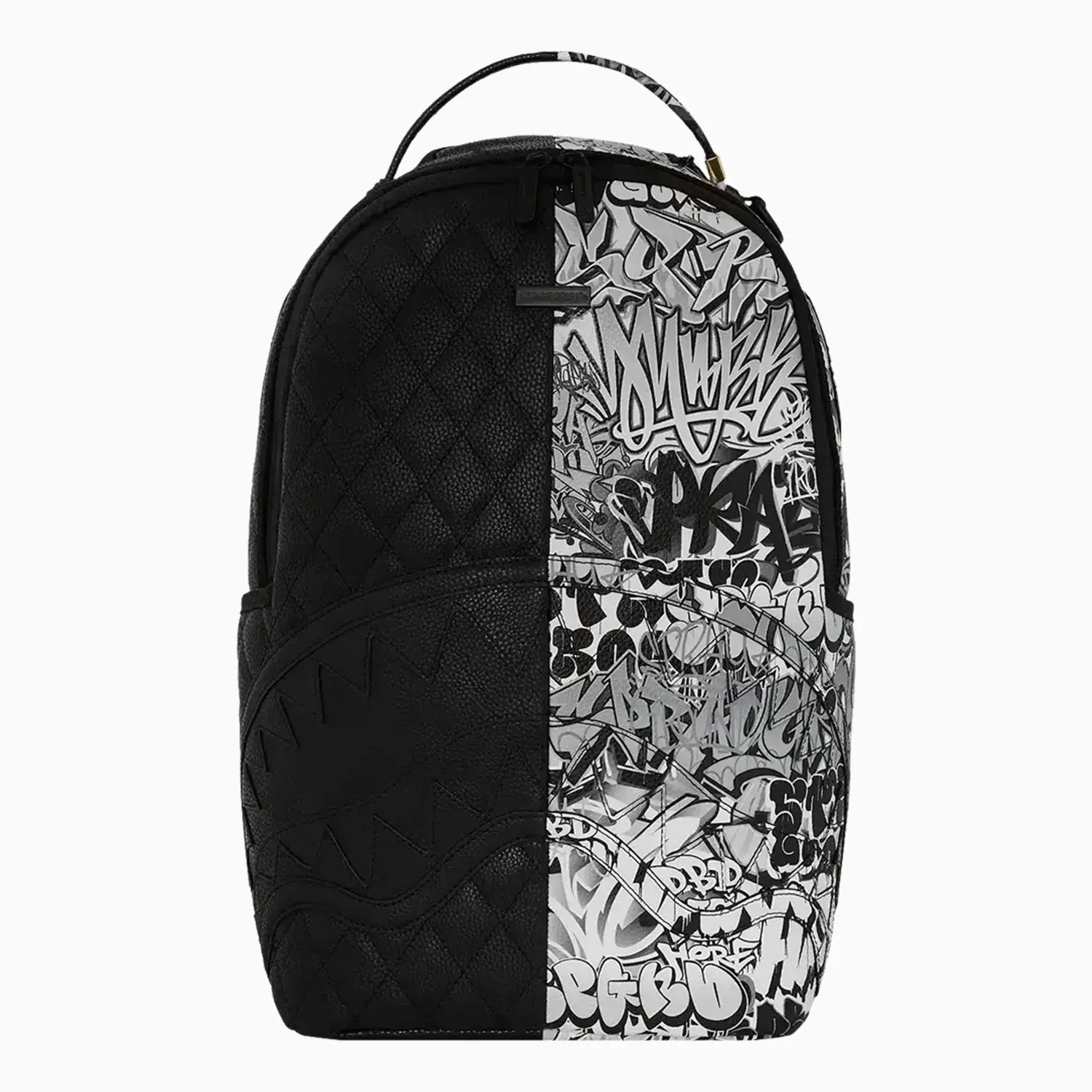 black and white faux leather backpack Womens Backpack: AURA 004 Officine Creative front zip pocket and side pocket with buckle Faux Leather Sprayground Black And