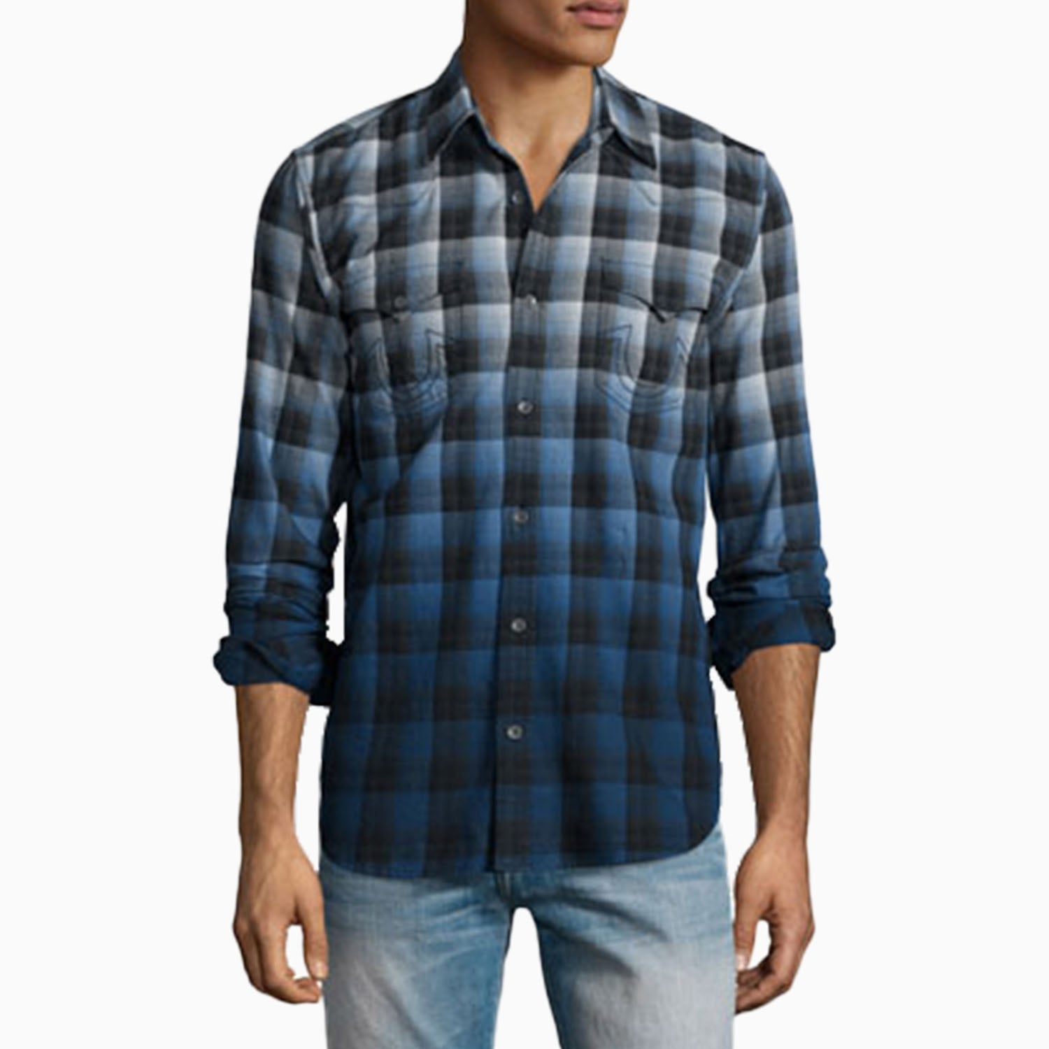 True Religion Men's Men's Dip-Dye Plaid Western Shirt, Ace Plaid / M
