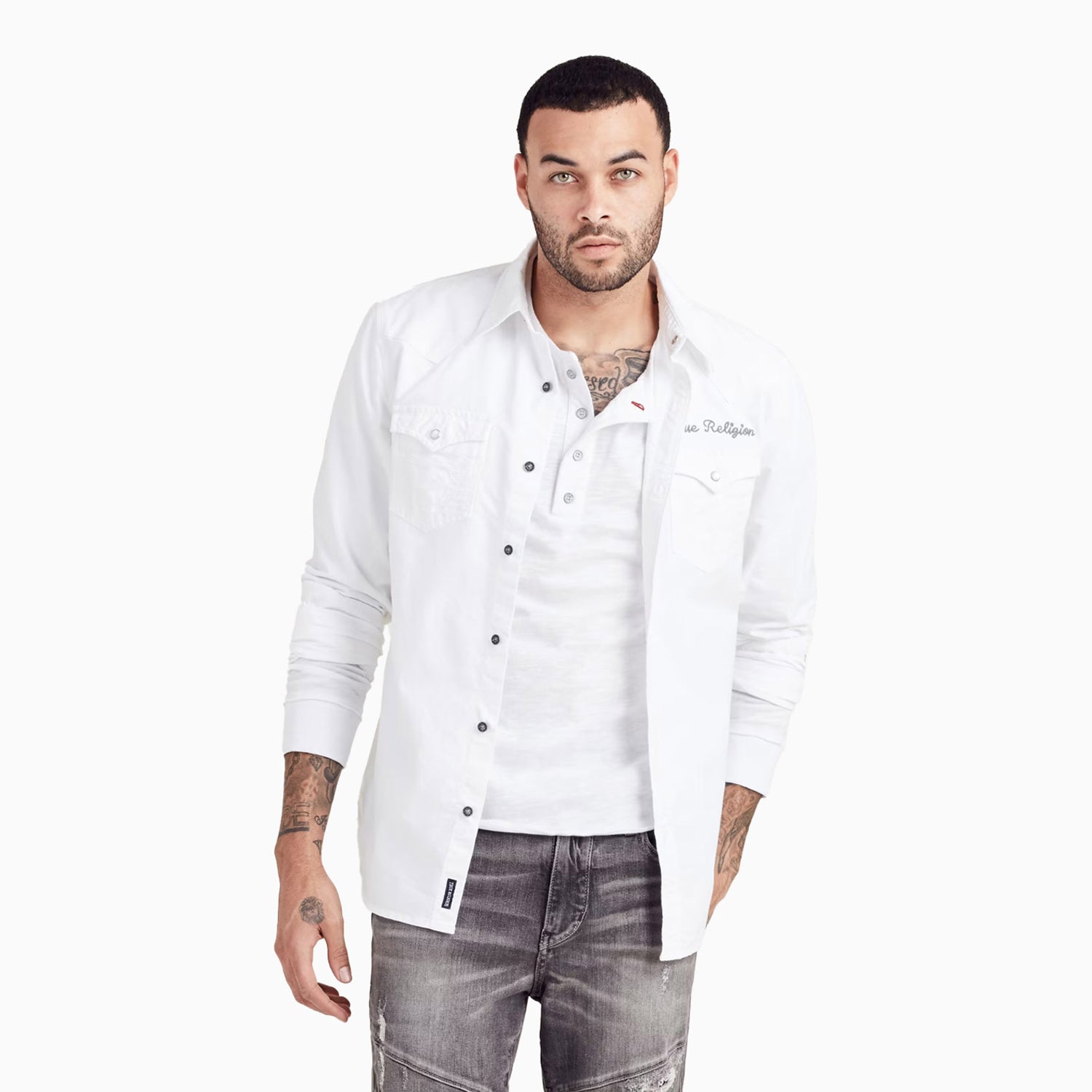 true religion dress shirts True Religion Men's Triple Needle Western Shirt, White / S