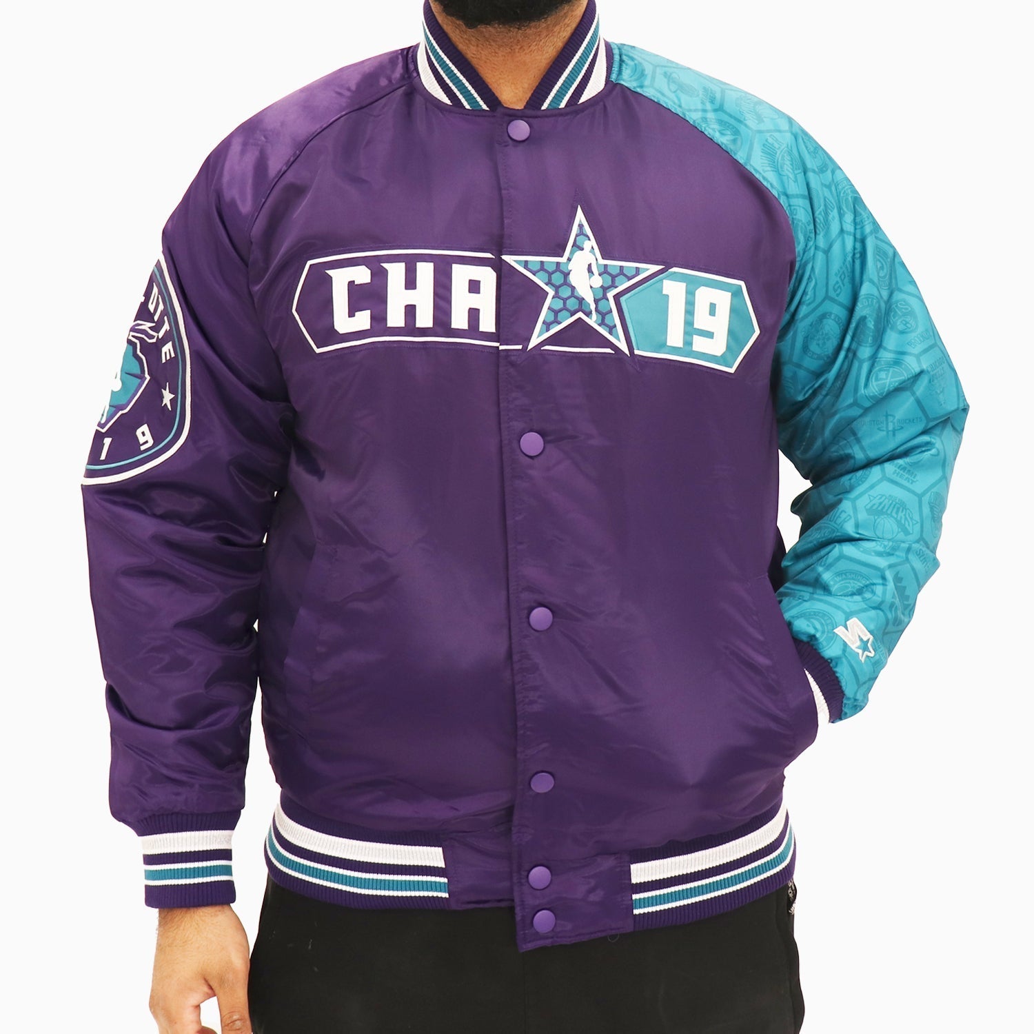 Starter Men's NBA Charlotte Hornets All Star Varsity Satin Jacket - Color: Blue - Tops and Bottoms USA -