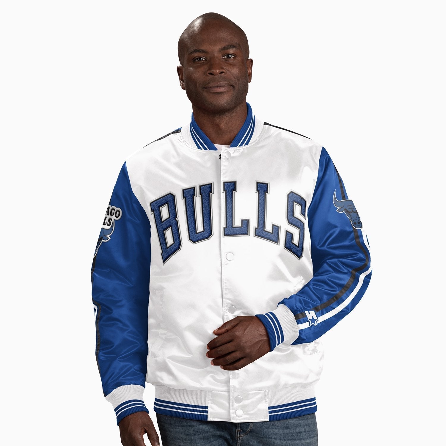 Starter Men's Chicago Bulls NBA Varsity Satin Jacket - Color: Royal - Tops and Bottoms USA -