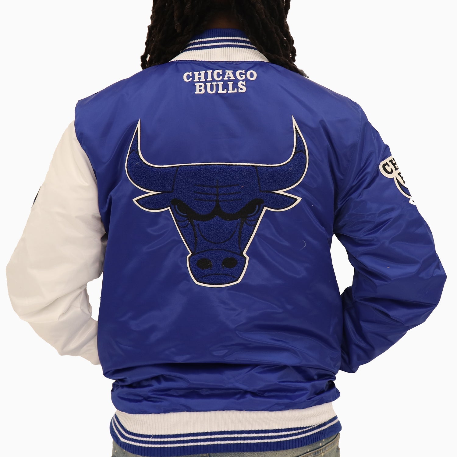 Starter Men’s Chicago Bulls NBA Varsity Satin Jacket - Color: Royal - Tops and Bottoms USA -