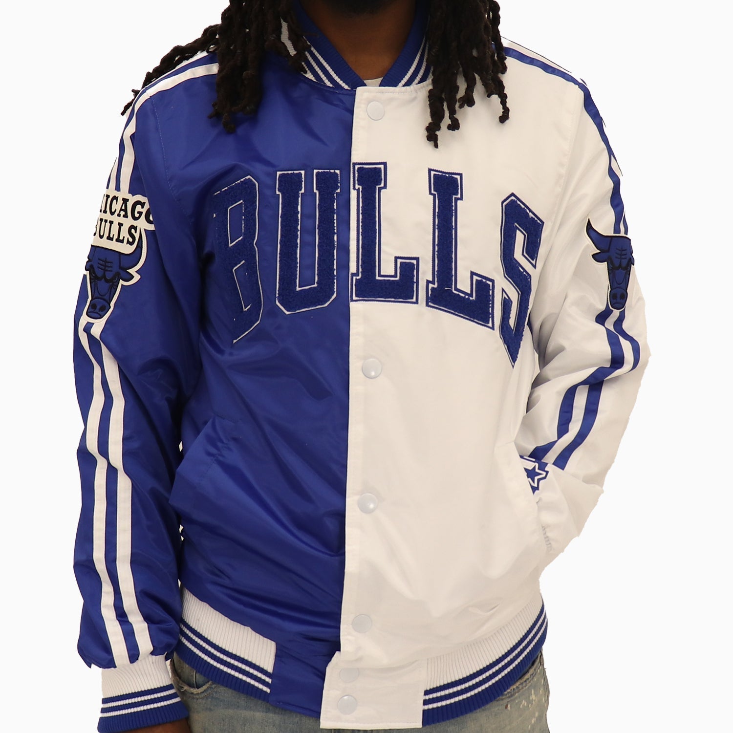 Starter Men’s Chicago Bulls NBA Varsity Satin Jacket - Color: Royal - Tops and Bottoms USA -
