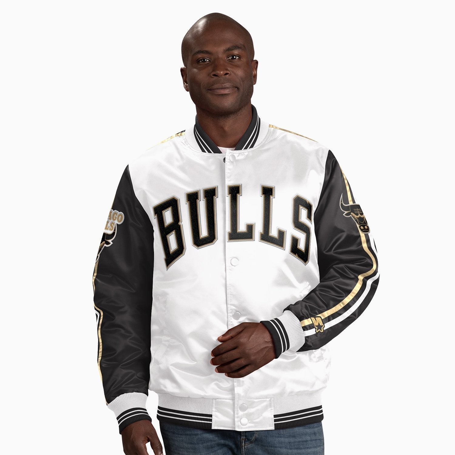Starter Men's Chicago Bulls NBA Varsity Satin Jacket - Color: Gold - Tops and Bottoms USA -