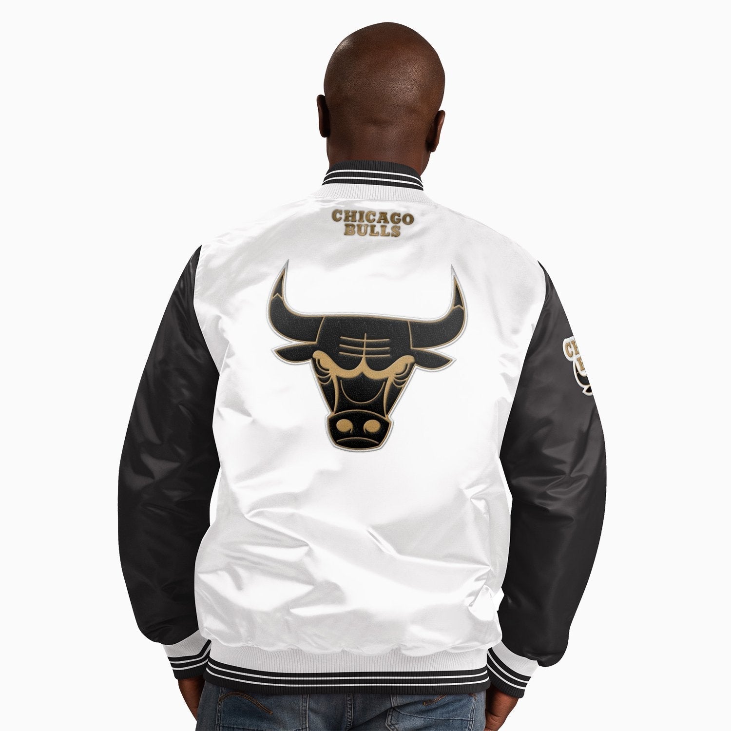 Starter Men's Chicago Bulls NBA Varsity Satin Jacket - Color: Gold - Tops and Bottoms USA -