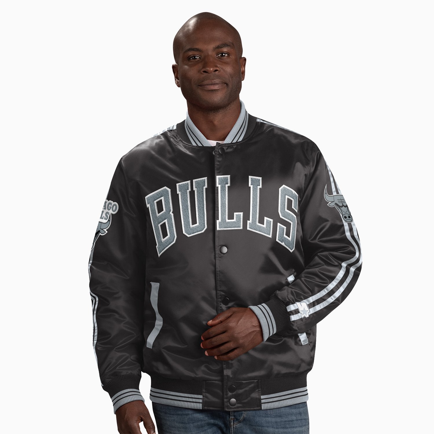 Starter Men’s Chicago Bulls NBA Varsity Satin Jacket - Color: Black Dark Grey - Tops and Bottoms USA -