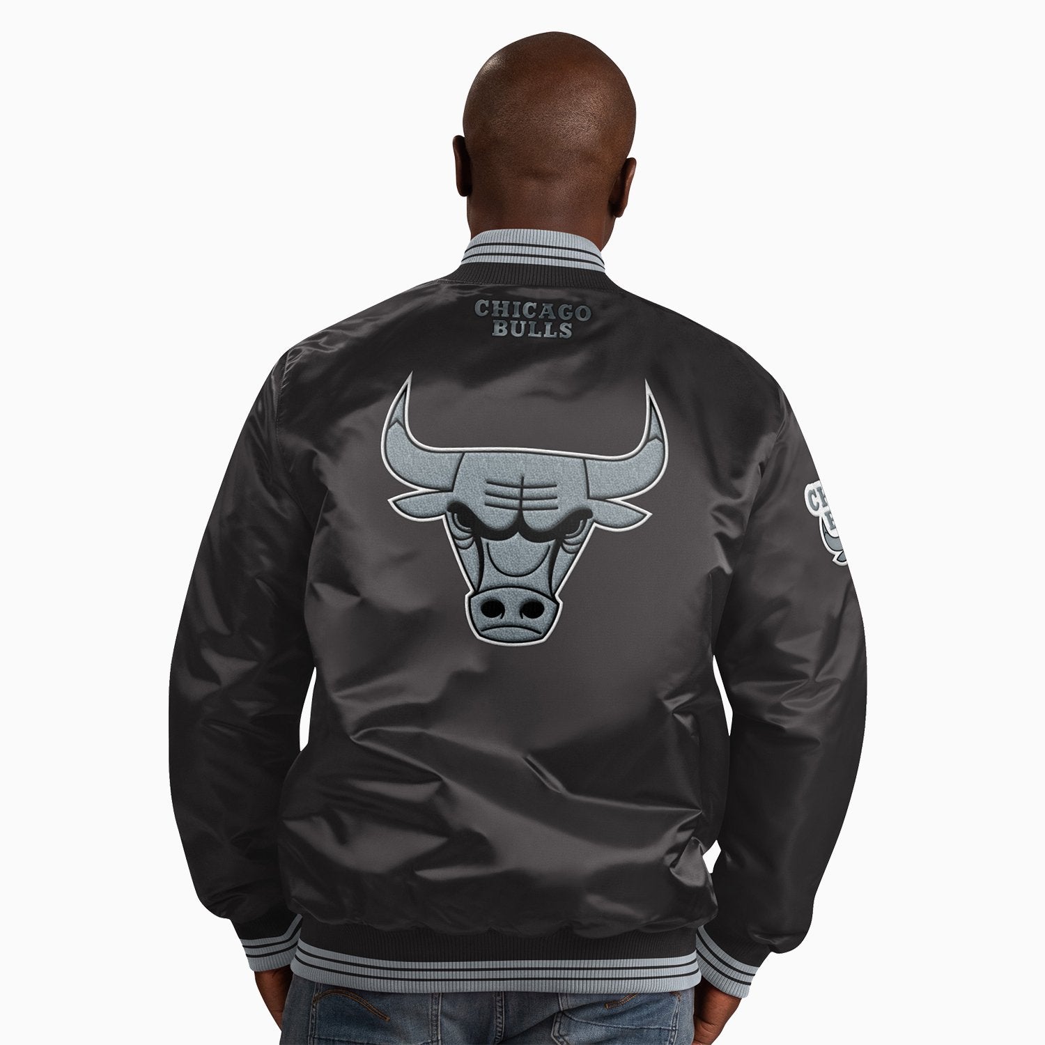 Starter Men’s Chicago Bulls NBA Varsity Satin Jacket - Color: Black Dark Grey - Tops and Bottoms USA -