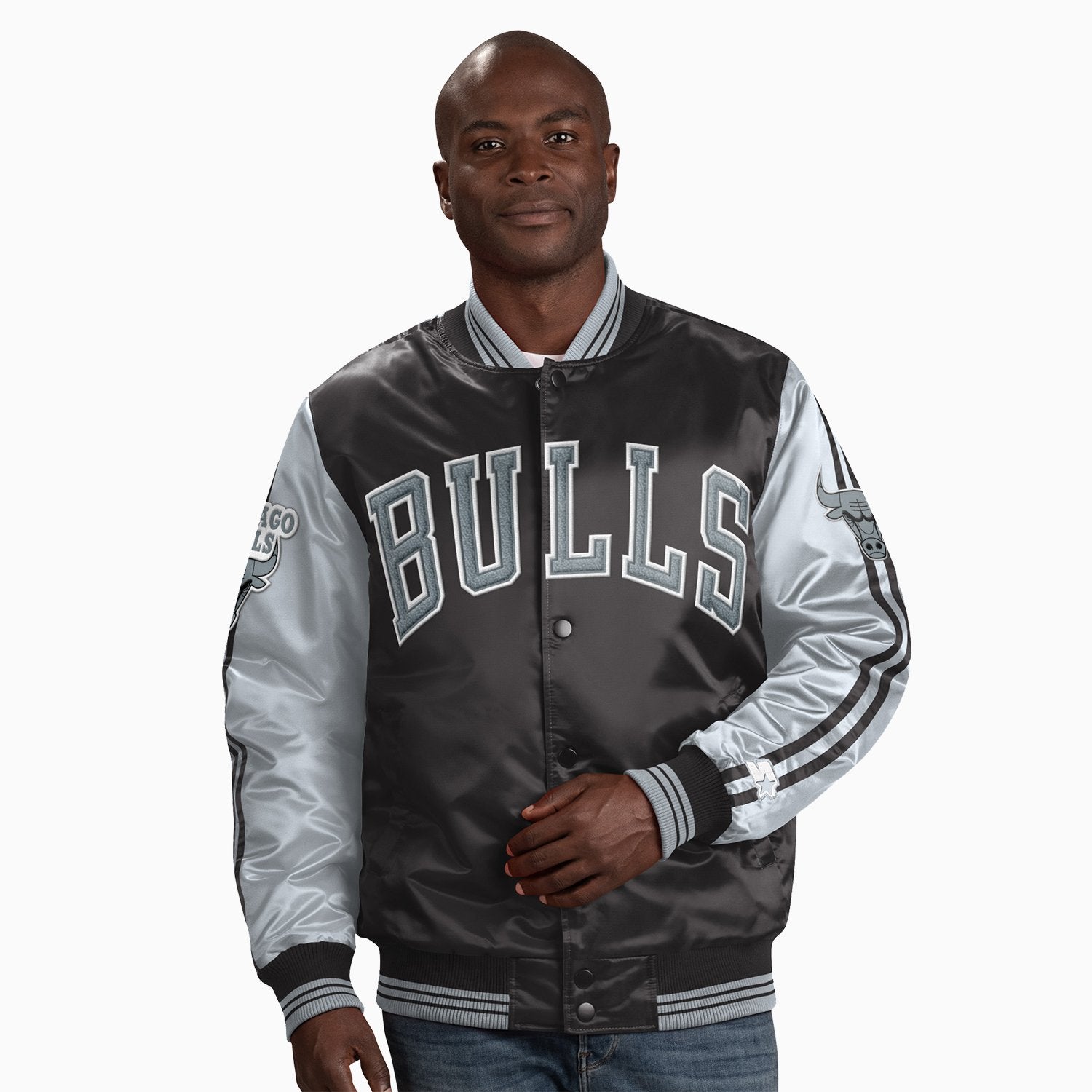 Starter Men's Chicago Bulls NBA Varsity Satin Jacket - Color: Black Dark Grey - Tops and Bottoms USA -