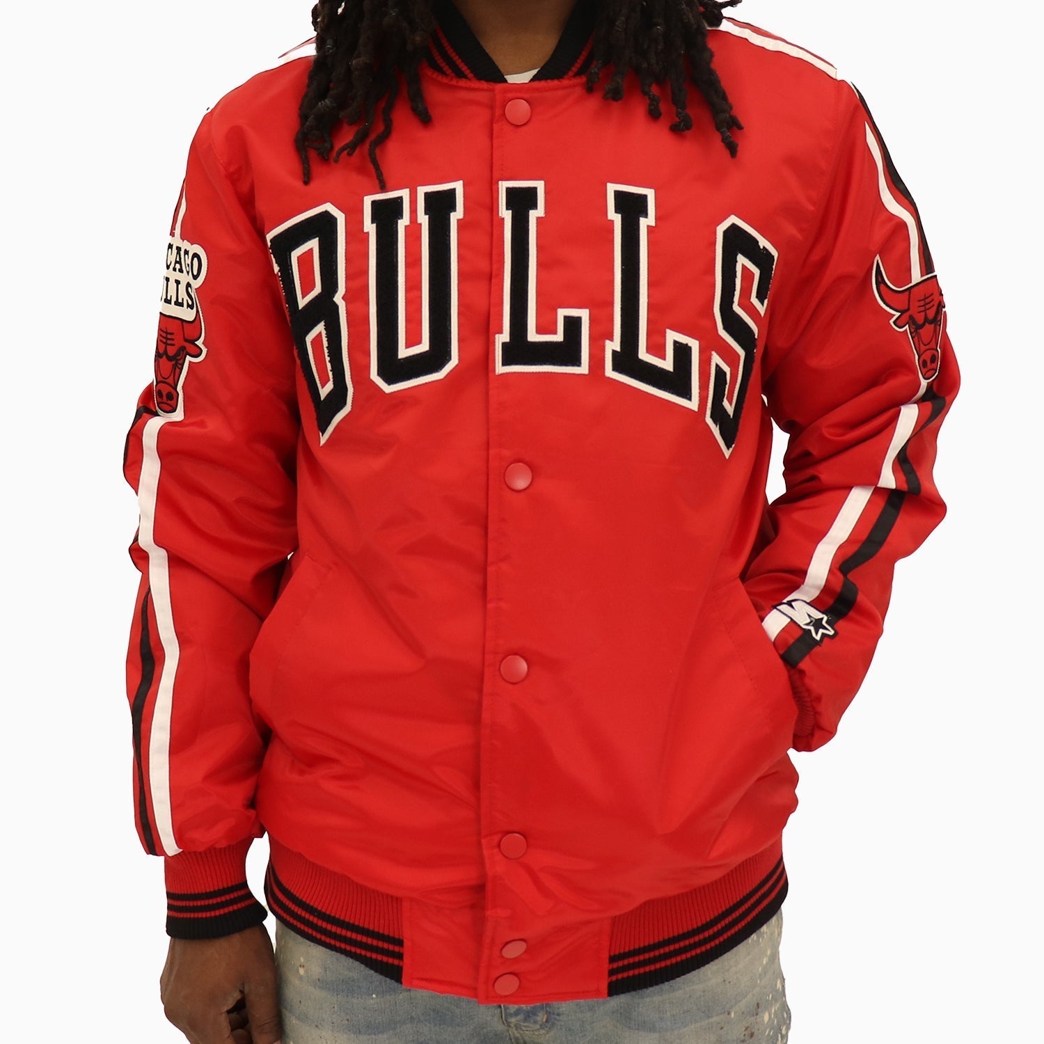 Starter Men’s Chicago Bulls NBA Varsity Satin Red Jacket - Color: Red - Tops and Bottoms USA -