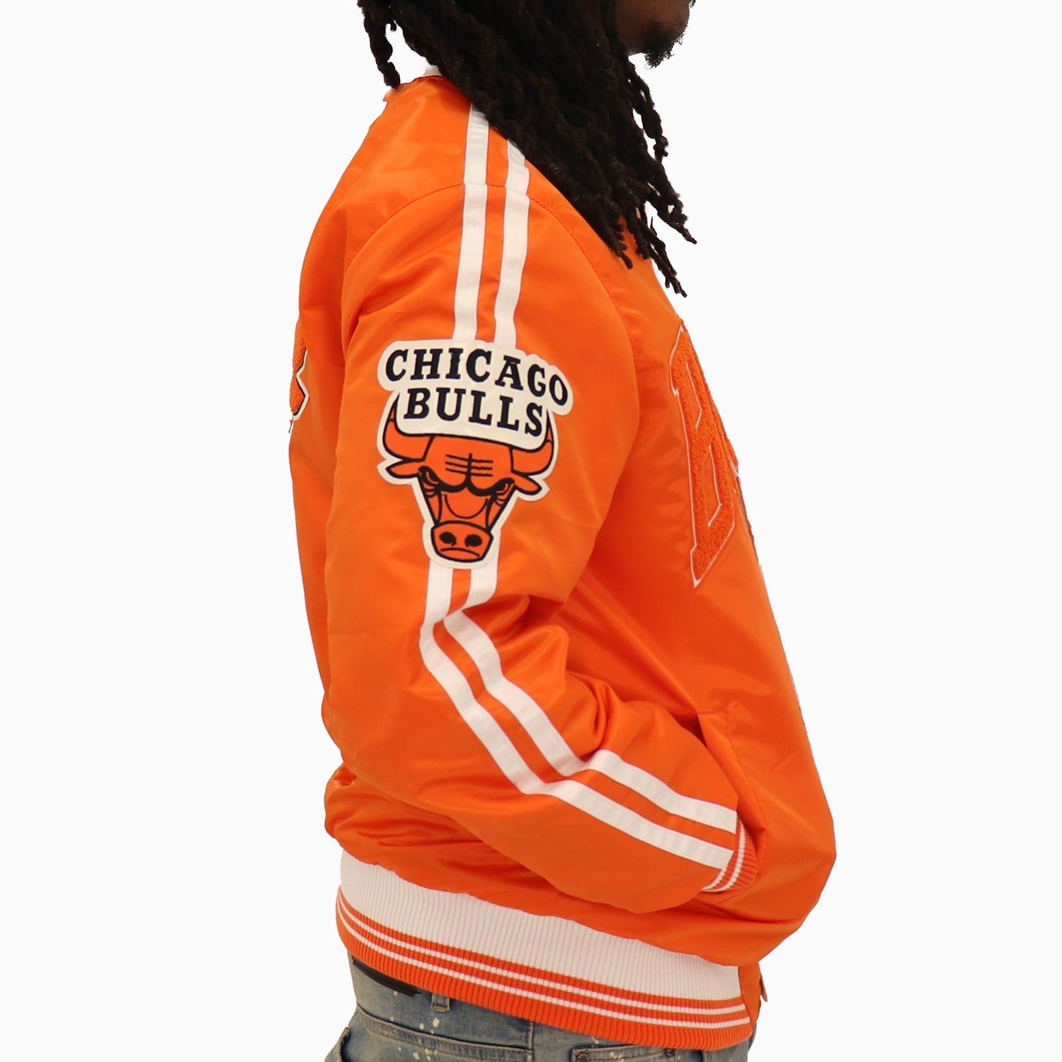 Starter Men’s Chicago Bulls NBA Varsity Satin Jacket - Color: Orange Glow - Tops and Bottoms USA -
