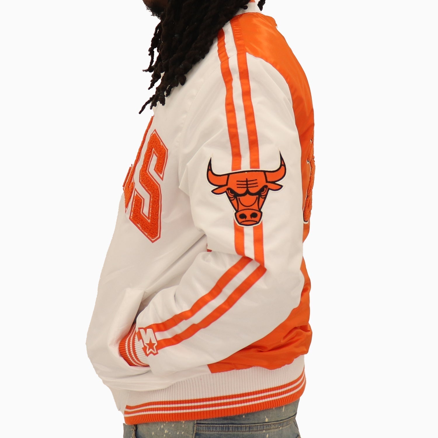 Starter Men’s Chicago Bulls NBA Varsity Satin Jacket - Color: Orange Glow - Tops and Bottoms USA -