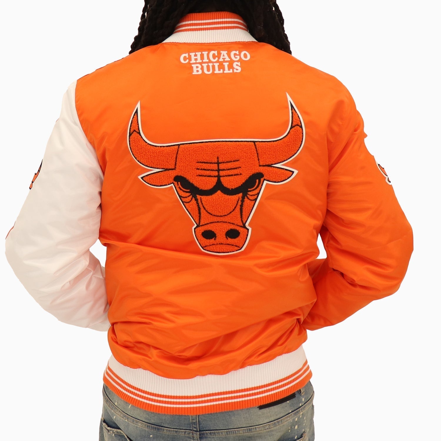 Starter Men’s Chicago Bulls NBA Varsity Satin Jacket - Color: Orange Glow - Tops and Bottoms USA -