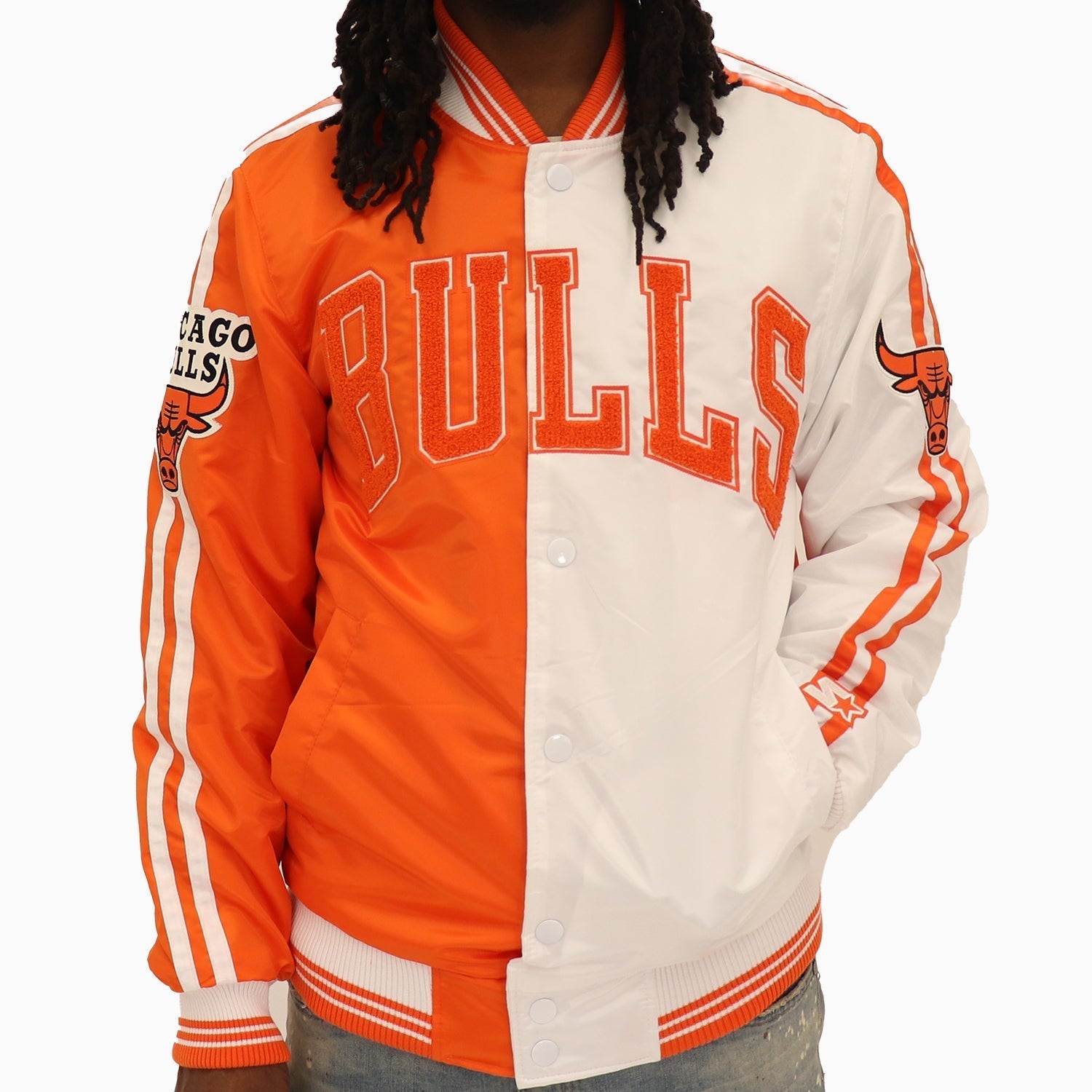 Starter Men’s Chicago Bulls NBA Varsity Satin Jacket - Color: Orange Glow - Tops and Bottoms USA -