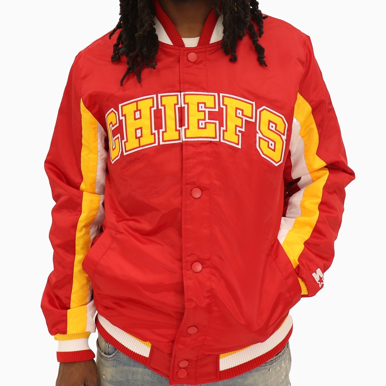 Starter Men's Kansas City Chiefs NFL Varsity Satin Red Jacket - Color: Multi - Tops and Bottoms USA -