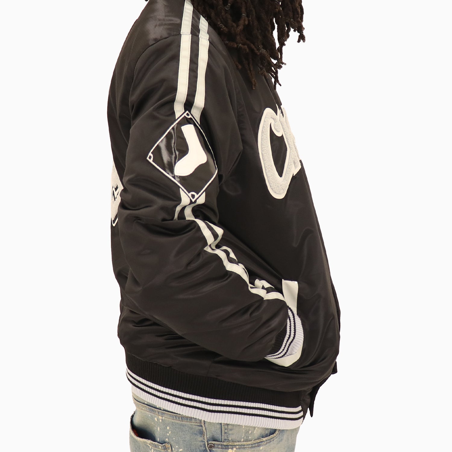 Starter Men's Chicago White Sox MLB Varsity Satin Jacket - Color: Black Grey - Tops and Bottoms USA -